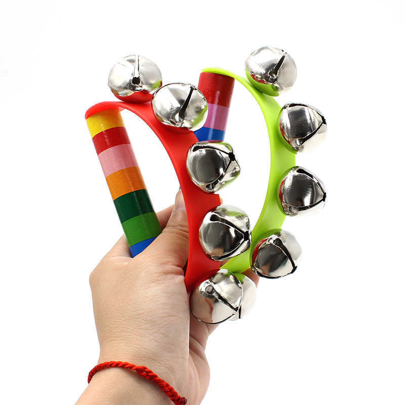 Kids Education Bell - レインボーハンドジングルベル木製ハンドル打楽器ミュージカルシェイクおもちゃ大人子供男の子女の子パーティーの記念品ギフト