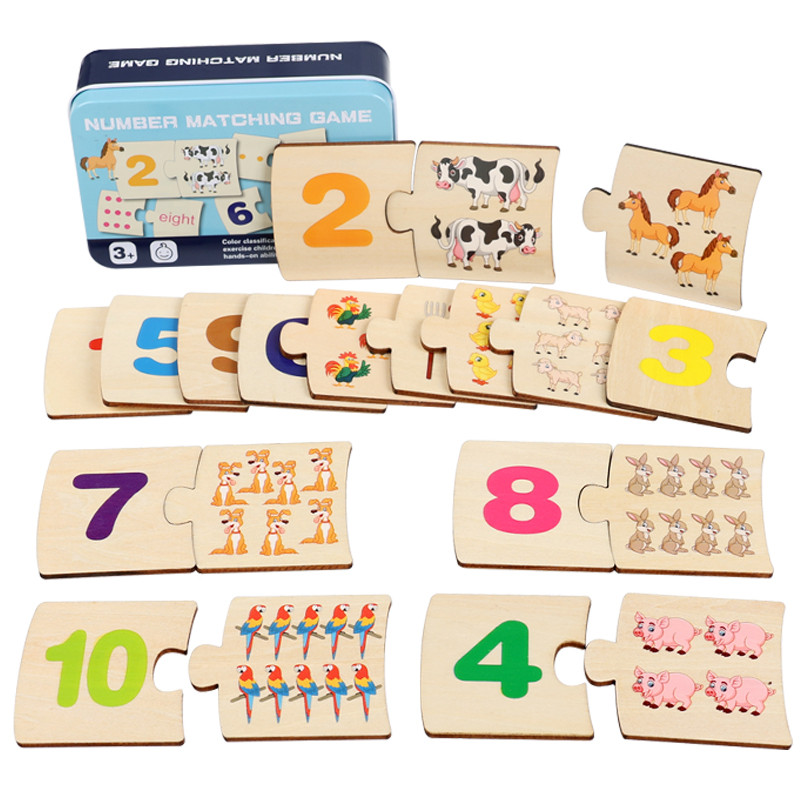 Kids Educational Box - 子供向け鉄箱ナンバー啓発ペアリング木製動物フードパズルボード論理的思考トレーニングゲーム知育玩具