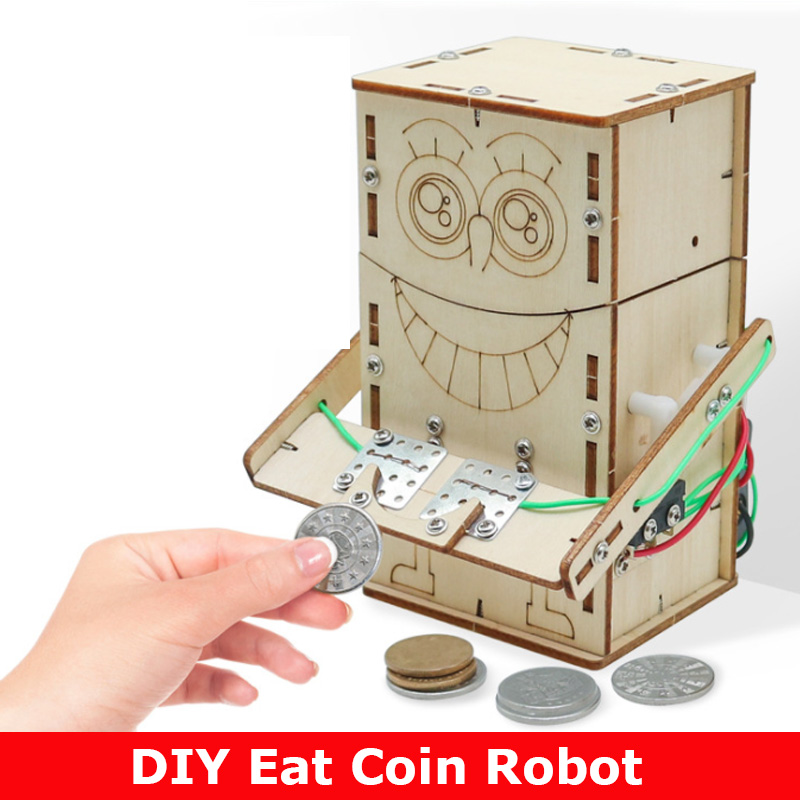Kids Education Money - 木製電動食べるコインロボット DIY モデル & 組み立て玩具科学 &