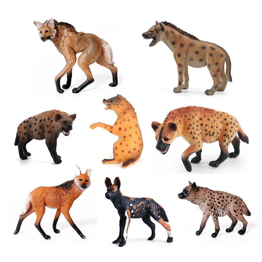 Kids Education Shows - リアルなプラスチック野生動物ハイエナ、たてがみオオカミ、アフリカ野生犬のおもちゃ手描きの置物コレクション科学教育小道具